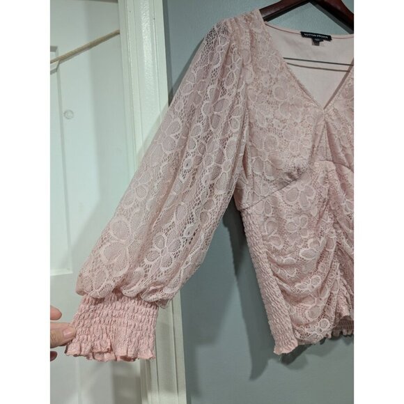 Boston Proper Women's Pink Floral Lace V-Neck Long-Sleeve Top Cinched Size S - Picture 13 of 16
